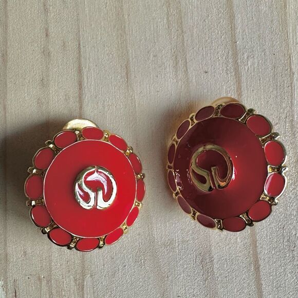 Vintage St. John Red Enamel Logo Clip-On Earrings - Picture 1 of 8